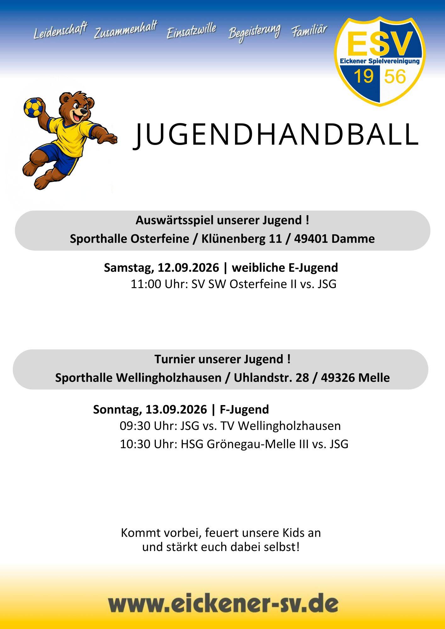 Auswärtsspiele der Jugend ESV JSG Spielwochenende 13.09.2026 Auswärts